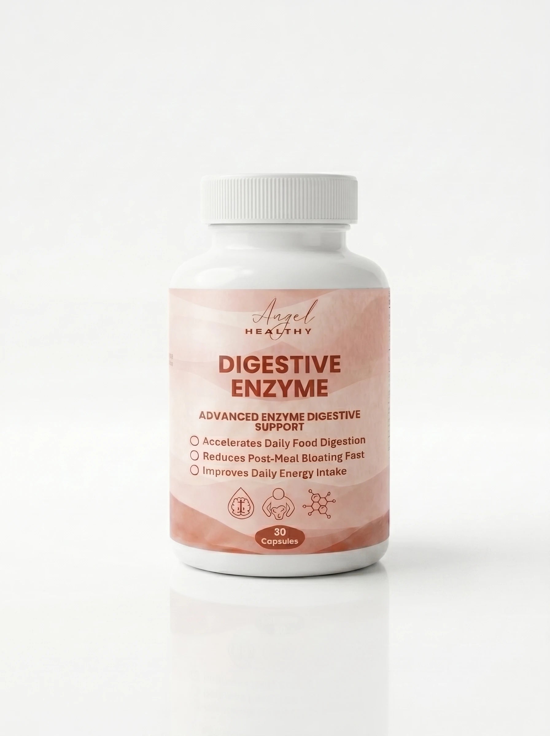 Image haute résolution 4k du flacon Angel Healthy Digestive Enzyme. Photo officielle du complément pour digestion par anjel helth degestive enzime.
