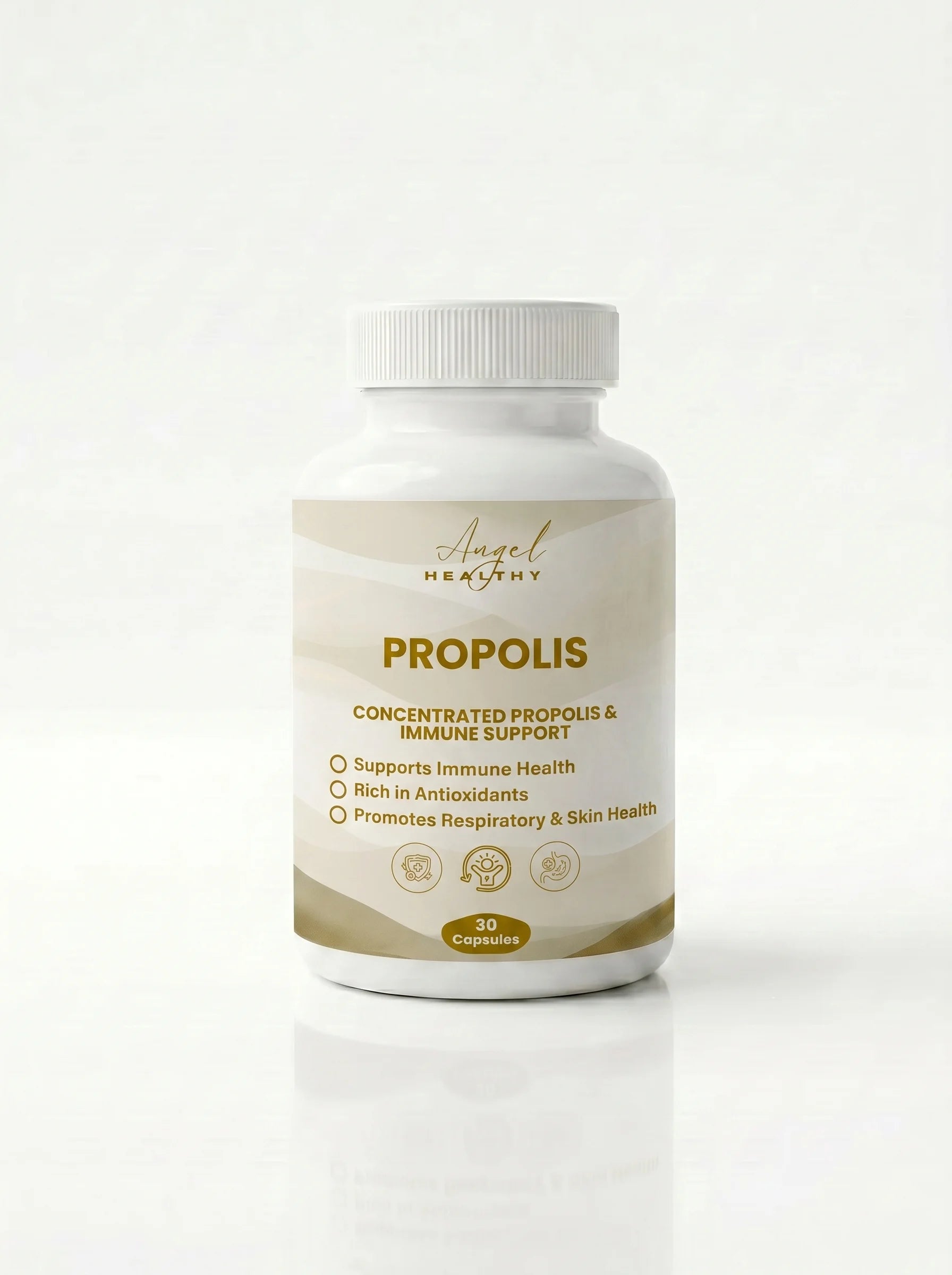 Détails du flacon de Propolis pure d'Angel Healthy contenant 60 capsules, flacon de petite taille idéal pour une cure immunitaire complète.