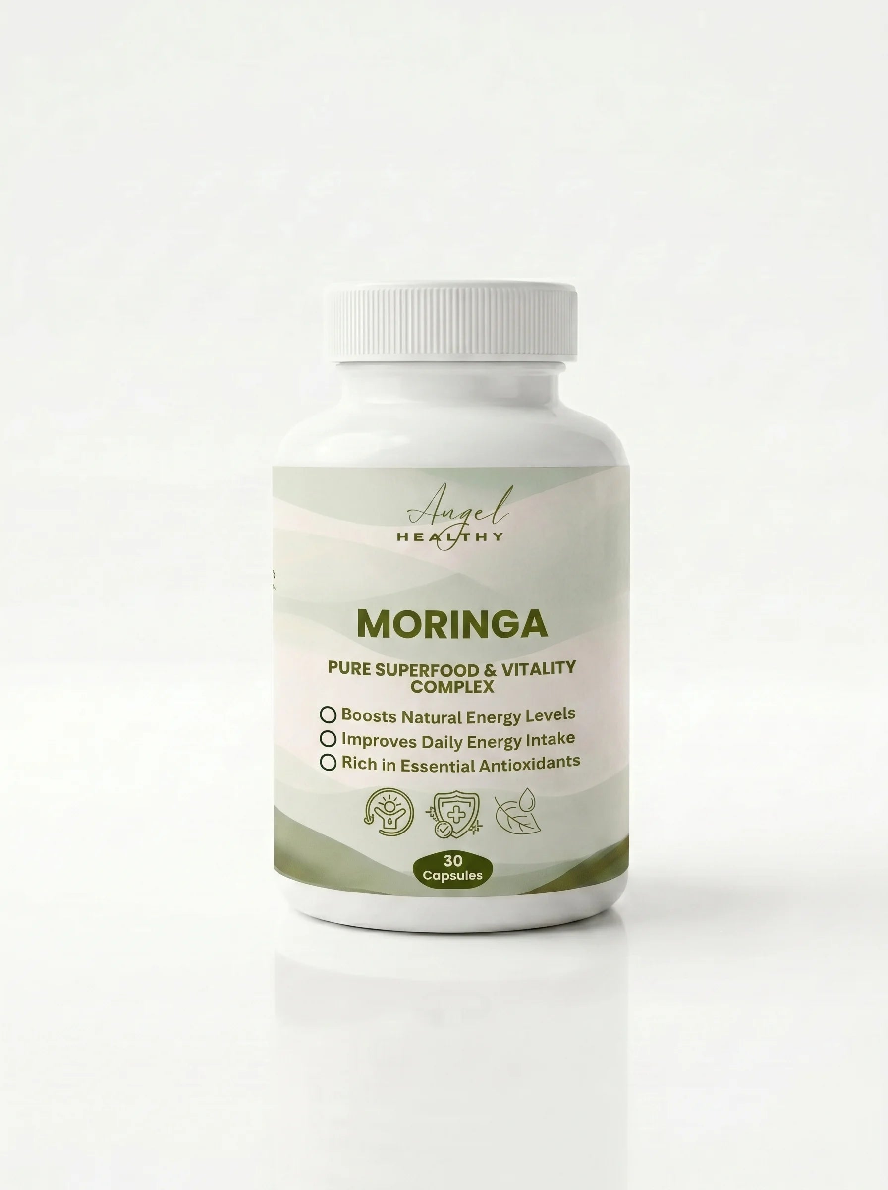 Flacon officiel du complément alimentaire Moringa d'Angel Healthy posé sur un comptoir en marbre blanc, idéal pour booster l'énergie et la vitalité au Maroc.